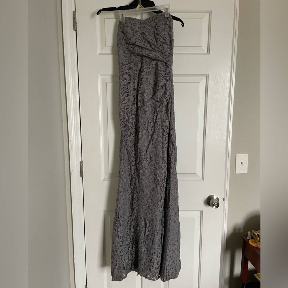 David’s Bridal Strapless Grey Lace Maxi Dress